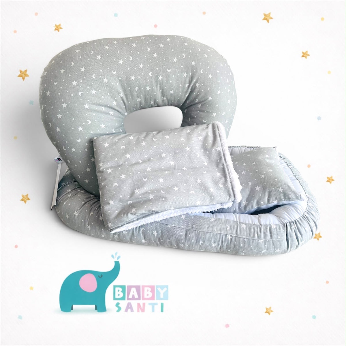 Pack Estrellas Gris - Nido + Cojín de lactancia + Manta
