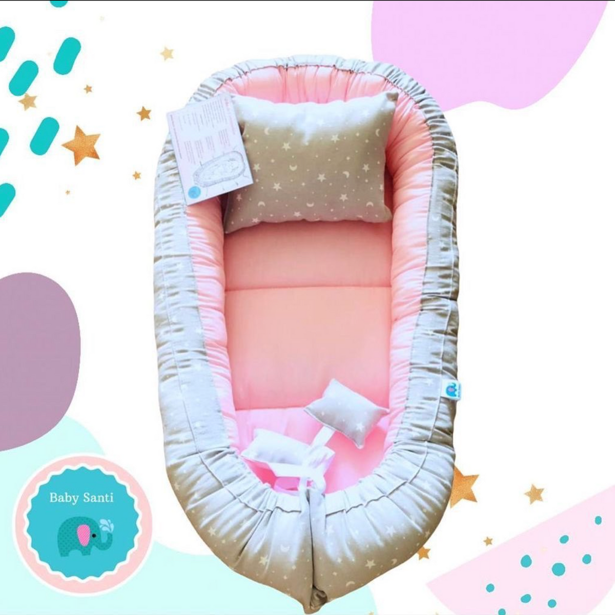 Nido colecho Baby Santi - Estrellas gris y rosado